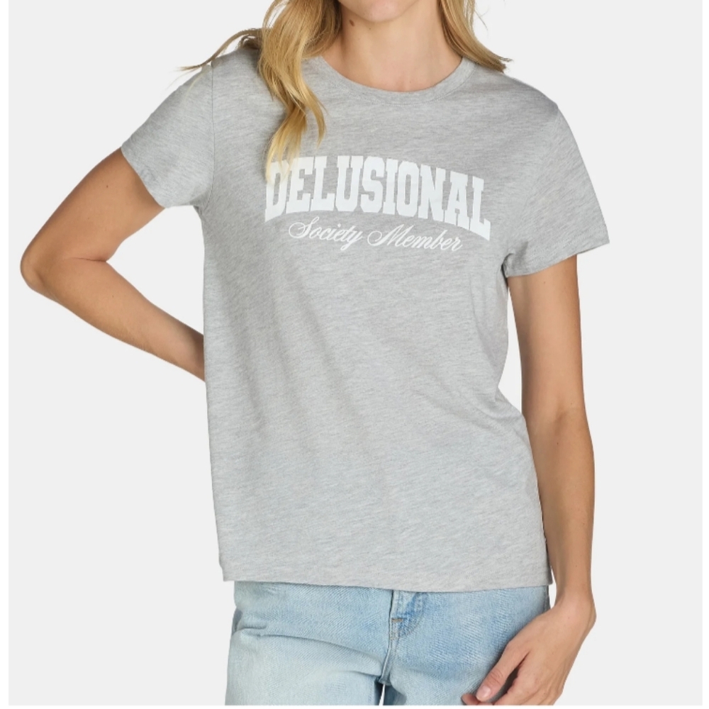 Women’s Size XXS (00) "Delusional Society Member" Graphic Print Tee Grey NWT